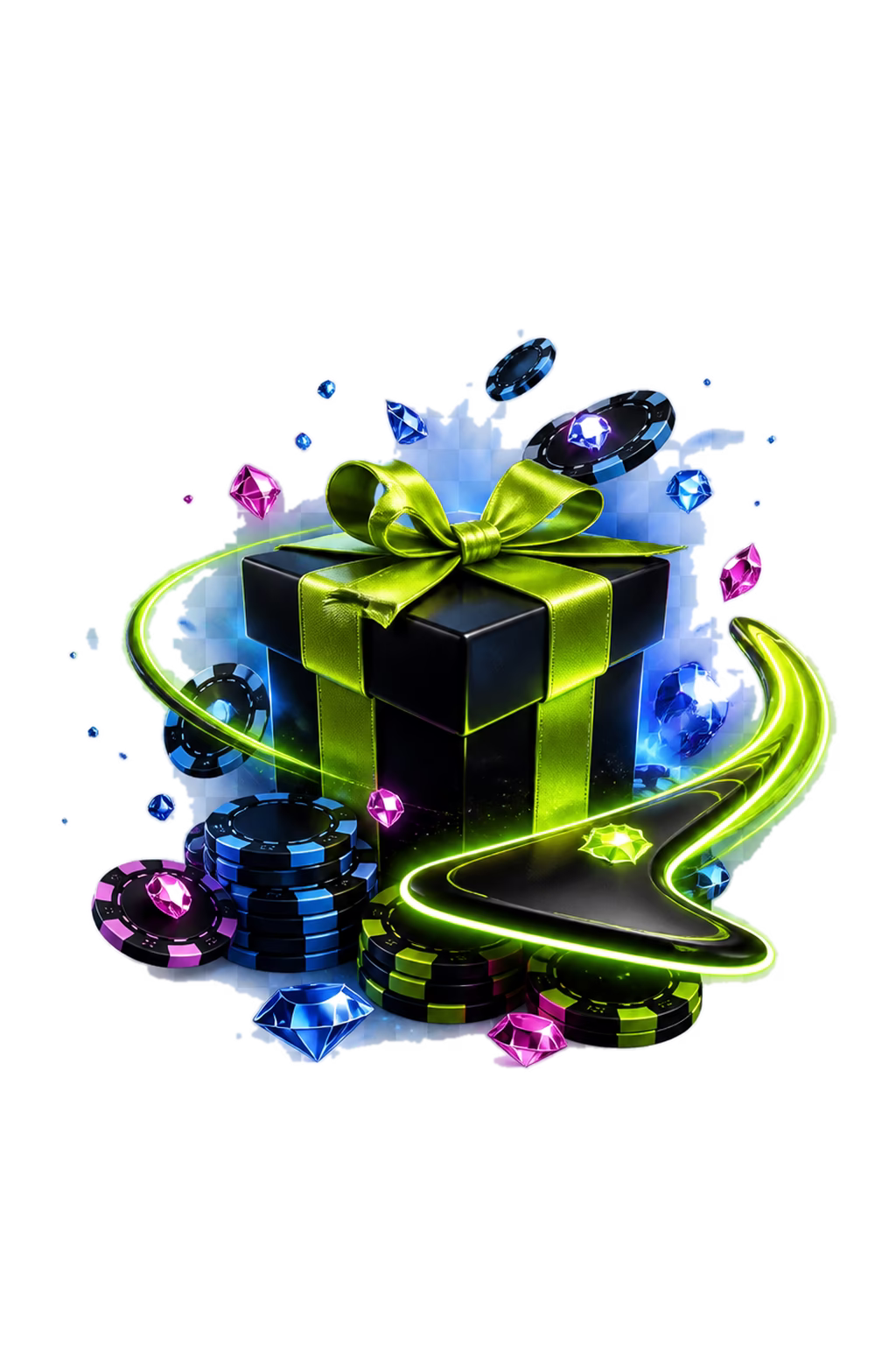 Black gift box with gold ribbon and casino chips