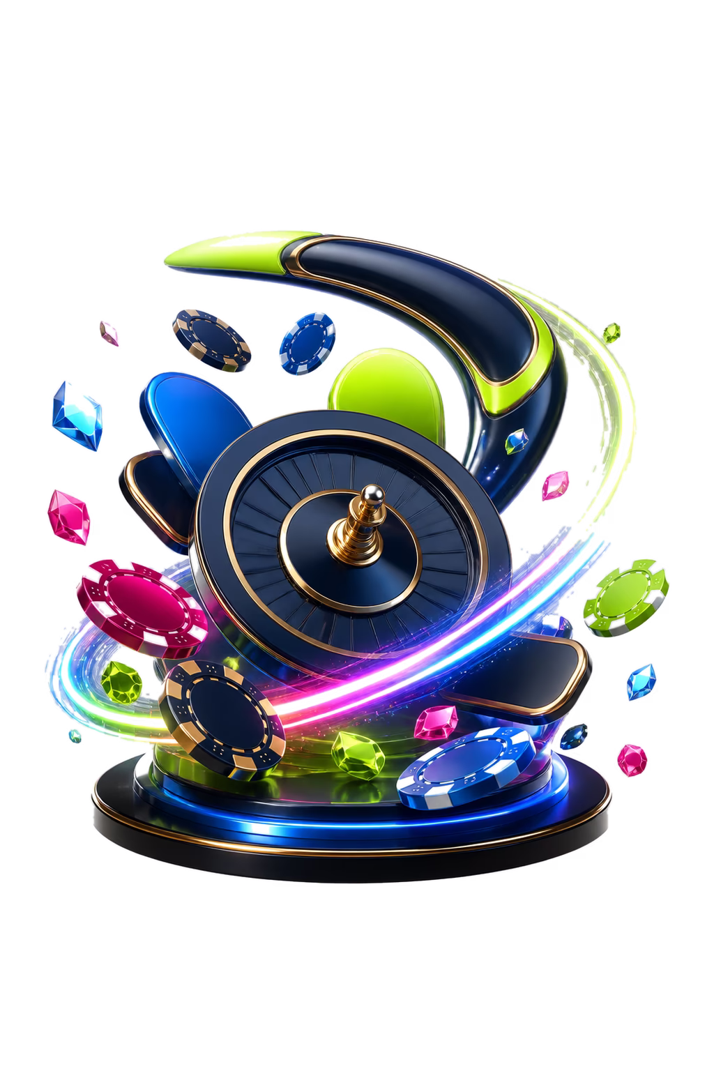 Black and gold roulette wheel, playing cards and dice