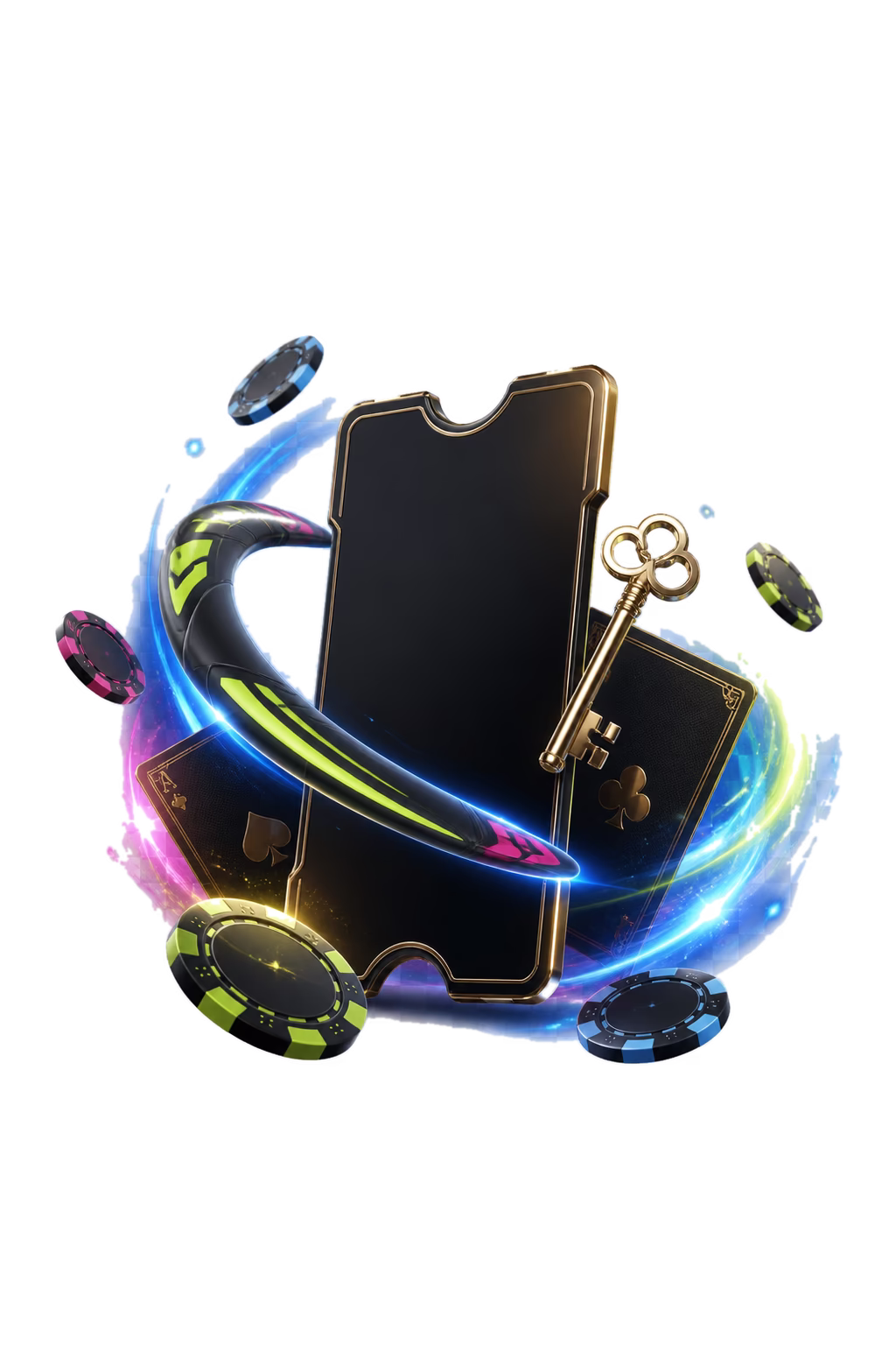 Black casino coupon with a gold key and chips