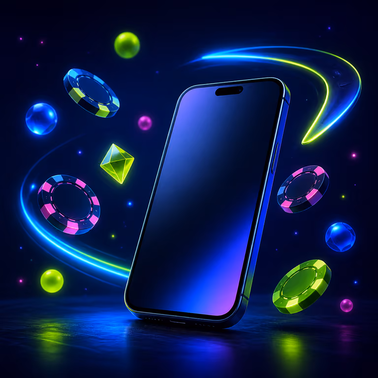 Smartphone with glowing casino symbols and neon boomerang accents