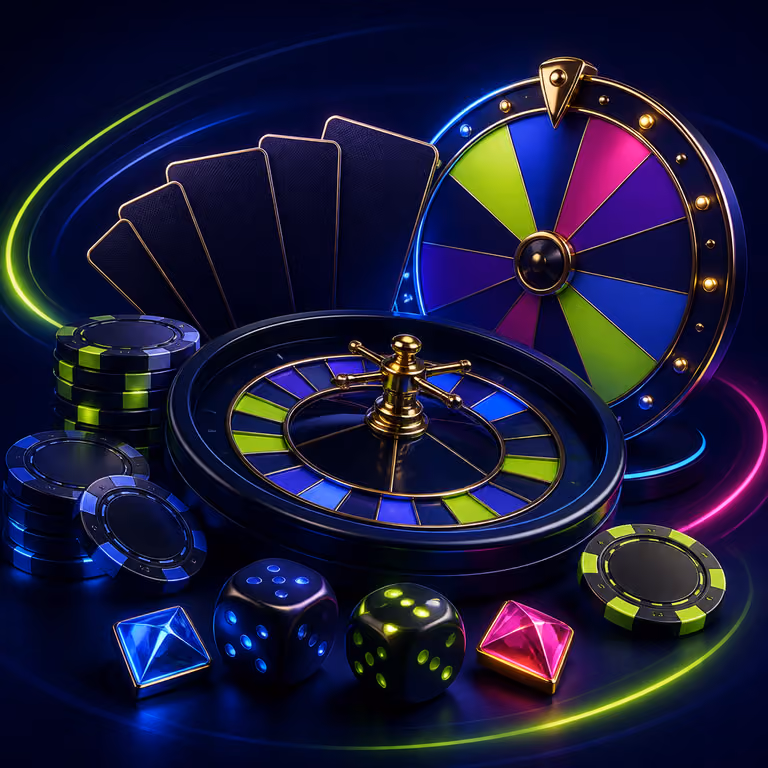 Roulette-style wheel, cards and game-show lights in a dark casino scene
