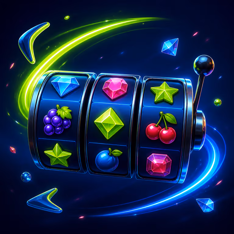 Glossy slot machine reels with gems and boomerang neon trails